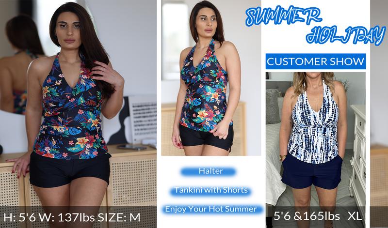 Yonique Women Tankini Swimsuit with Shorts - Halter Two Piece Swimsuit with Pocket Tummy Control Bathing Suit Swimwear
