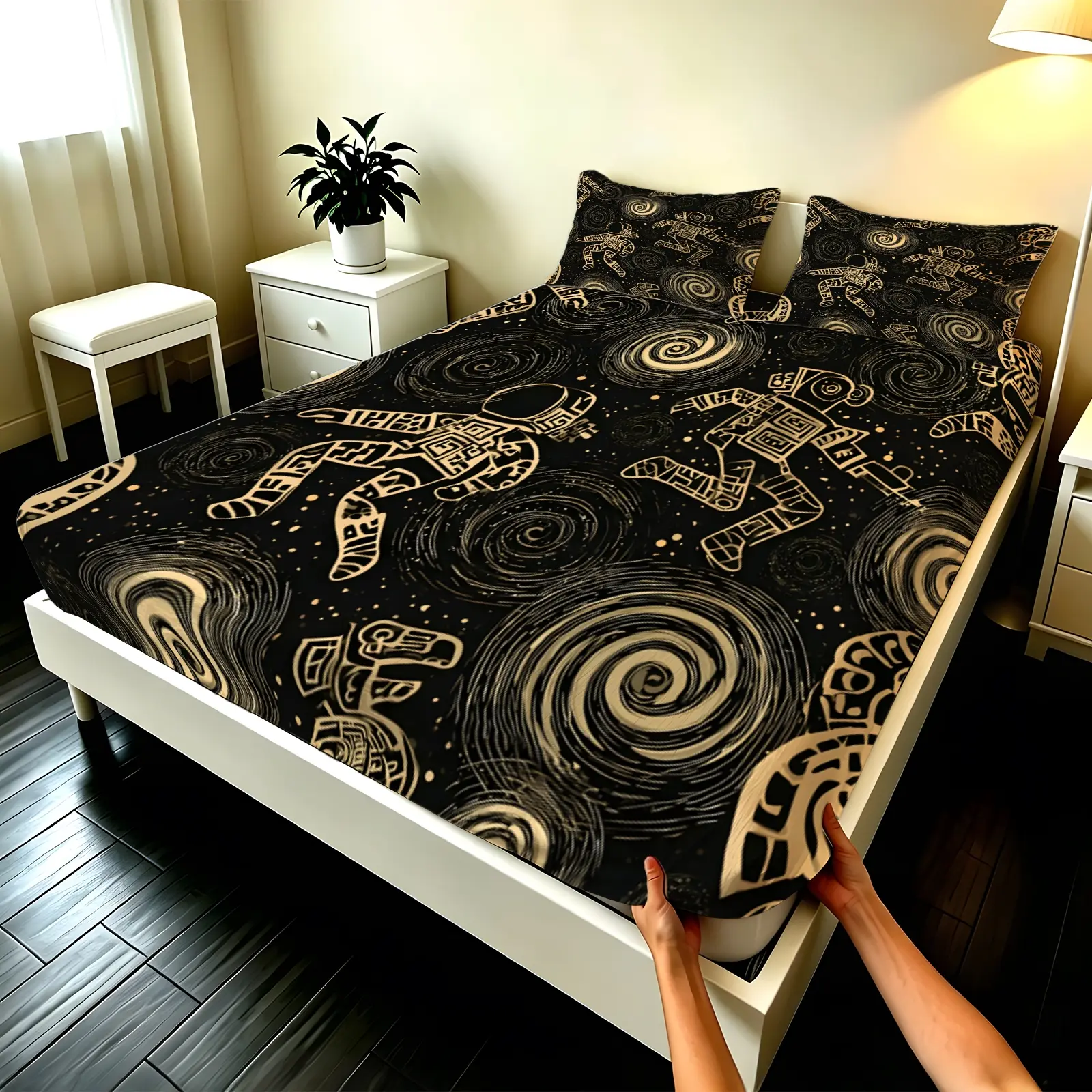 3pcs Fitted sheet Space Astronaut Galaxy Spiral Printed Soft Microfiber Bedding Set, Wrinkle Resistant Fade Proof Breathable Machine Washable Fitted Sheet Set with 2 Pillowcases for Bedroom Home Hotel, Fits Twin Full Queen King Size
