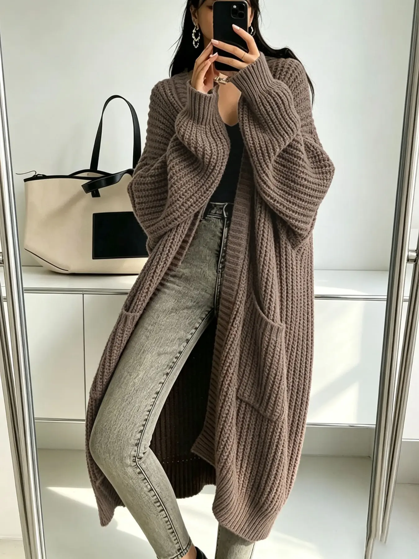 Women's Long Over-Knee Sweater Cardigan, Casual Loose-Fit Knitted Jacket, Multiple Sizes and Colors Available, Perfect for Daily Wear