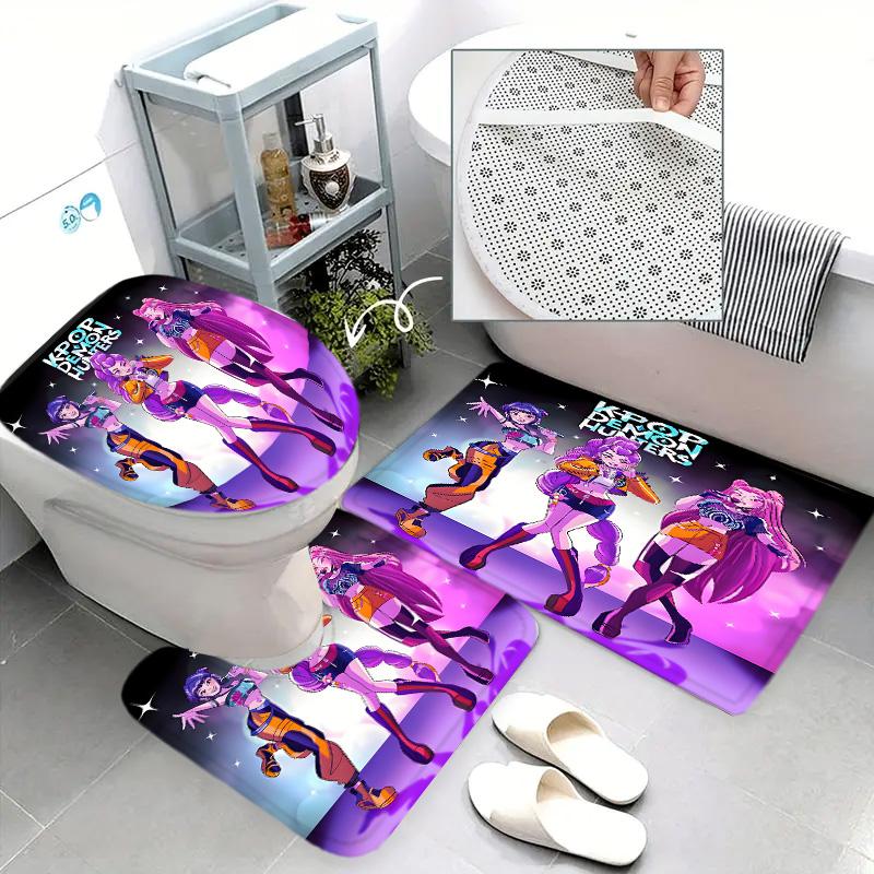 Trendy K-Pop Shower Curtain Set, Includes Bath Mat, Toilet Lid Cover & U-Shaped Tray, Perfect Bathroom Decor Gift for Friends Family, Bathroom Shower Equipment