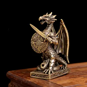Vintage Brass Dragon Knight Statue with Sword and Shield, Retro Desktop Decor, Collectible Mythical Creature Ornament Gift