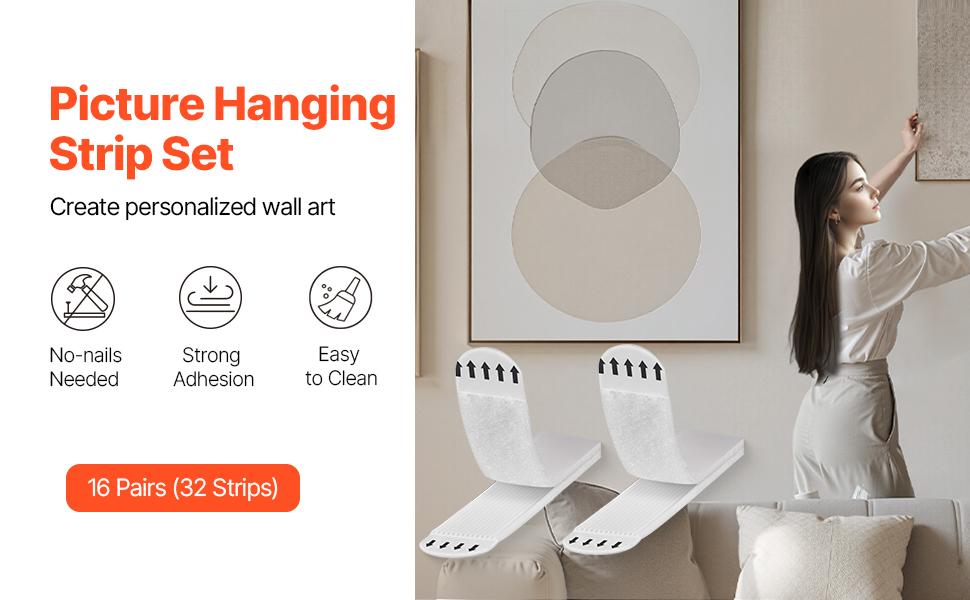 VEVOR Picture Hanging Strips, 16 Pairs, X-Large Picture Hangers with Removable Adhesive, Hook Loop Strips, Wall Hanging Strips for Damage Free Picture Hanger, Mounting of Photos, Frames, Wall Decor