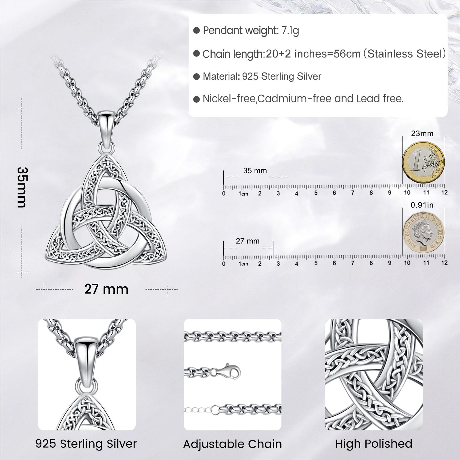 DRINSPER Triquetra Celtic Necklace 925 Sterling Silver Wiccan Jewelry, Celtic Knot Triangle Trinity Pendant, Vintage Viking Celtic Knot with Round Protection Amulet Necklace, Witches Trinity Knot Pendant Gift with Steel Chain For Man Women
