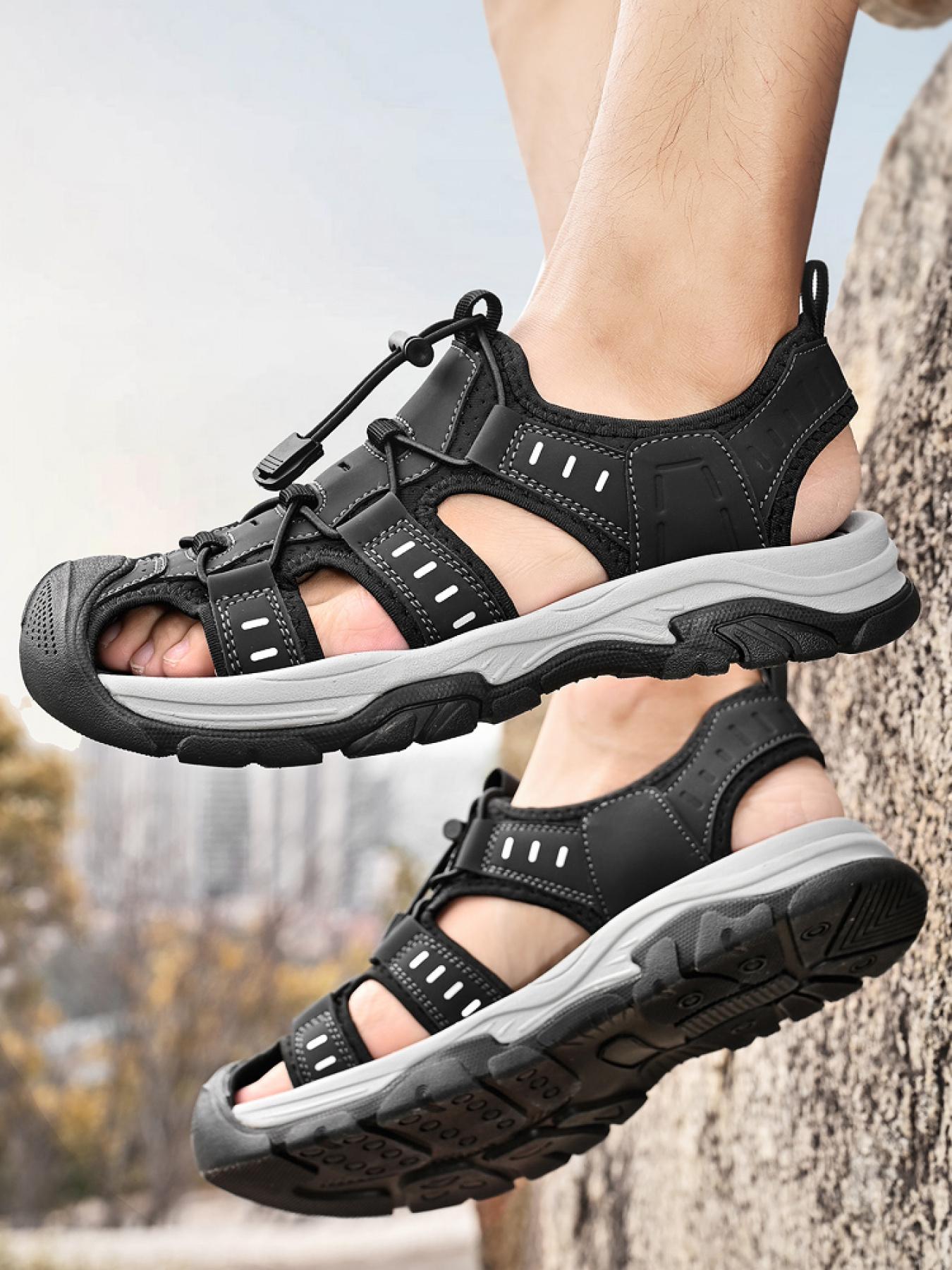 Men's Black and White Drawstring Closed-Toe Outdoor Sandals Thick-Soled Non-Slip Hollow-Out Water Shoes Breathable Durable Beach Hiking Shoes