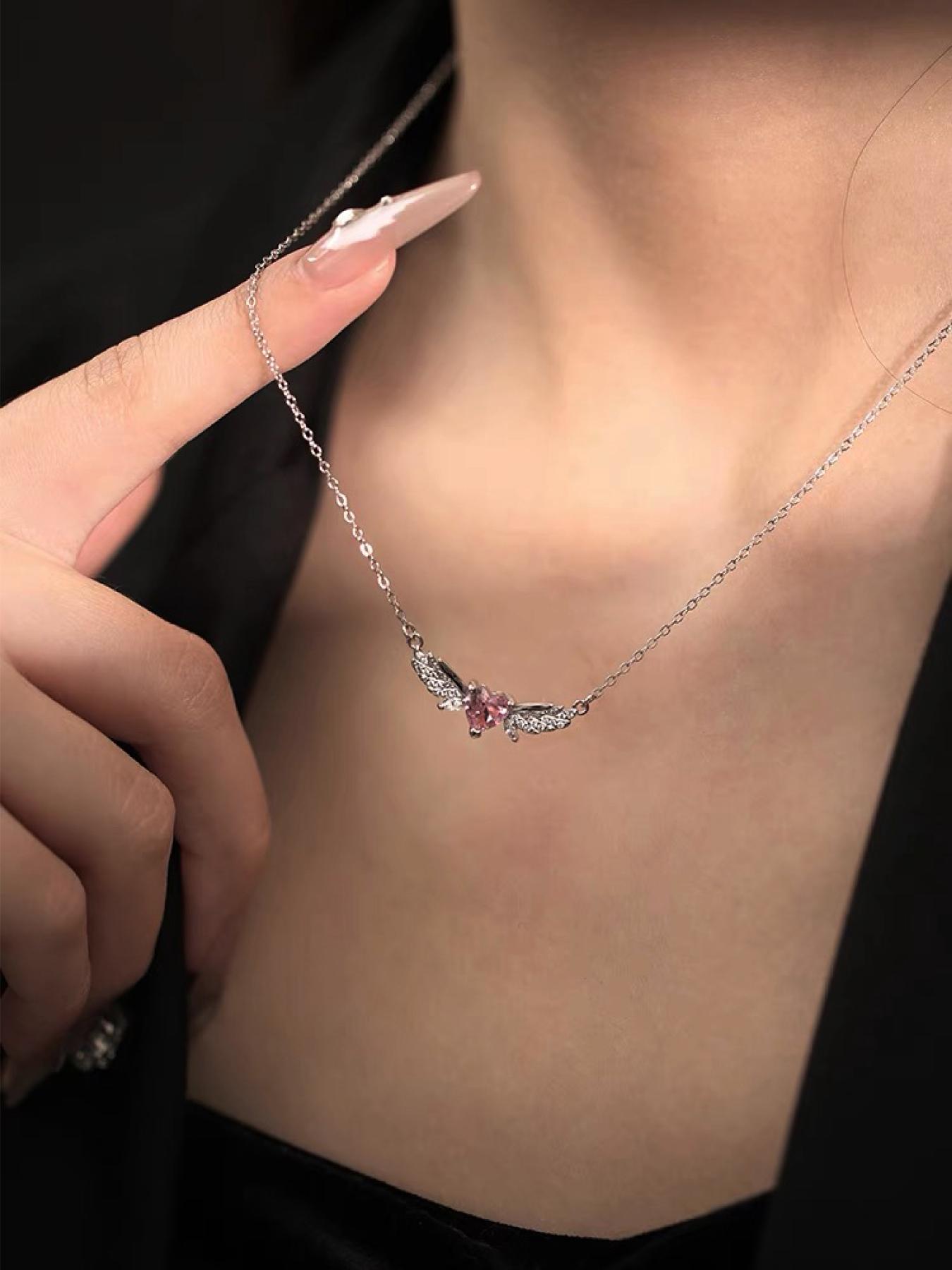 925 Sterling Silver Cute Heart & Wing Rhinestone Pendant Necklace, Adjustable Necklace for Women, Fashion Jewelry for Party, Daily Decor, Exquisite Jewelry for Gift