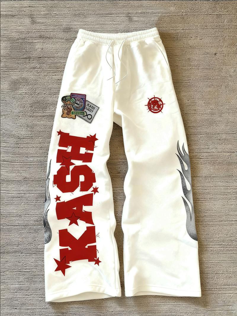 Trendy Black Fleece - lined Sweatpants with "KASH" Lettering, Star and Flame Graphics, Ideal for Street - style and Hip - hop Wear, Trending on TikTok #Sweatpants #StreetFashion #TikTokTrend, Sports Casual Pants
