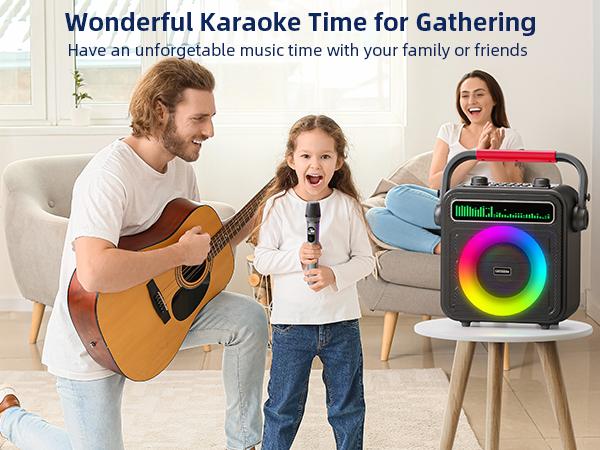 Karaoke Machine 2 Wireless Microphones, Portable Bluetooth Speaker w/PA System for Adults & Kids with LED Lights, Bass/Treble Adjustment, Supports REC/TWS/FM/AUX/USB/IF Card for Party Karaoke Machine 2 Wireless Microphones, Portable Bluetooth Speaker w/PA System for Adults & Kids with LED Lights, Bass/Treble Adjustment, Supports REC/TWS/FM/AUX/USB/IF Card for Party