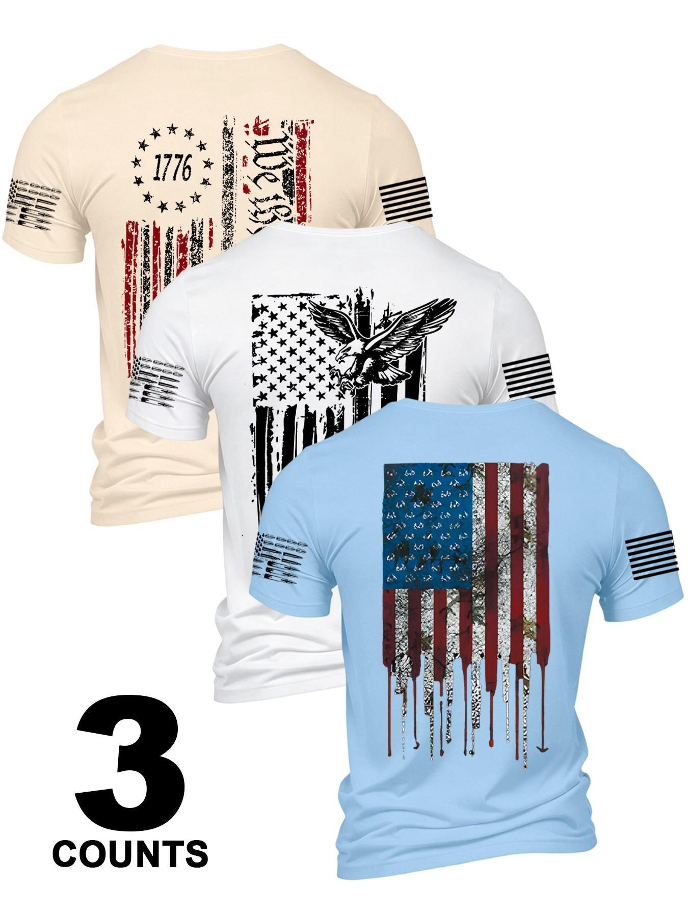 3-Pack American Patriotic Men's Short Sleeve T-Shirts, Casual Sports T Shirt, Comfortable and Durable Daily Wear, Perfect Gift for Him, Sporty Style Tops