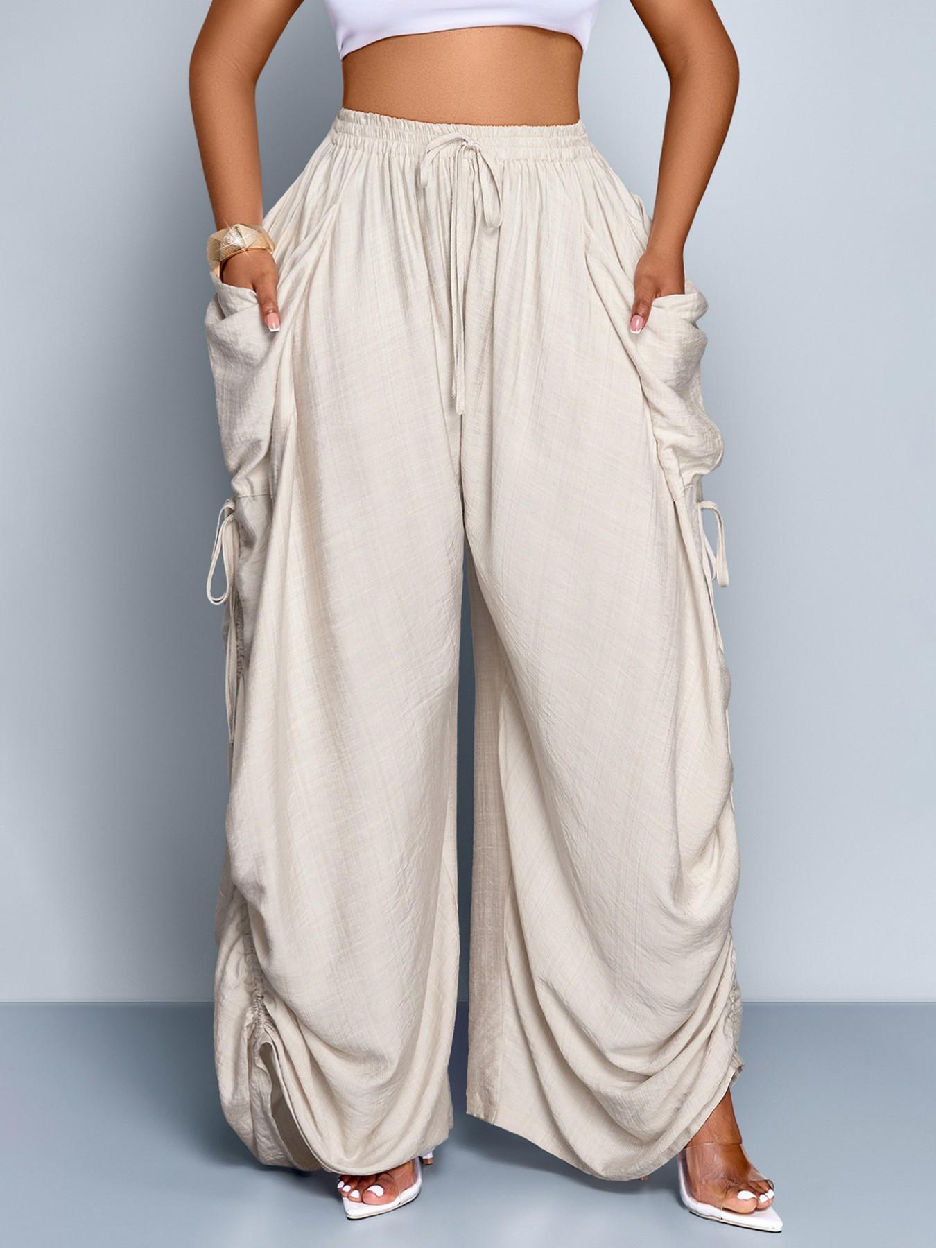 Aliling Women's Summer Casual Basic Solid Color High-Waisted Wide-Leg Bottom Pants, Adjustable Drawstring Side Regular Fit Pants for All Seasons Aliling Women's Summer Casual Basic Solid Color High-Waisted Wide-Leg Bottom Pants, Adjustable Drawstring Side Regular Fit Pants for All Seasons