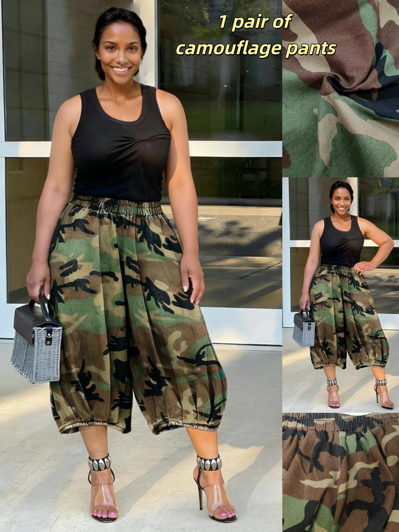 Women's Fashion Casual Camouflage Print Pants, Elastic Waist Lantern Seven-Quarter Pants, Stylish and Comfortable Everyday Wear