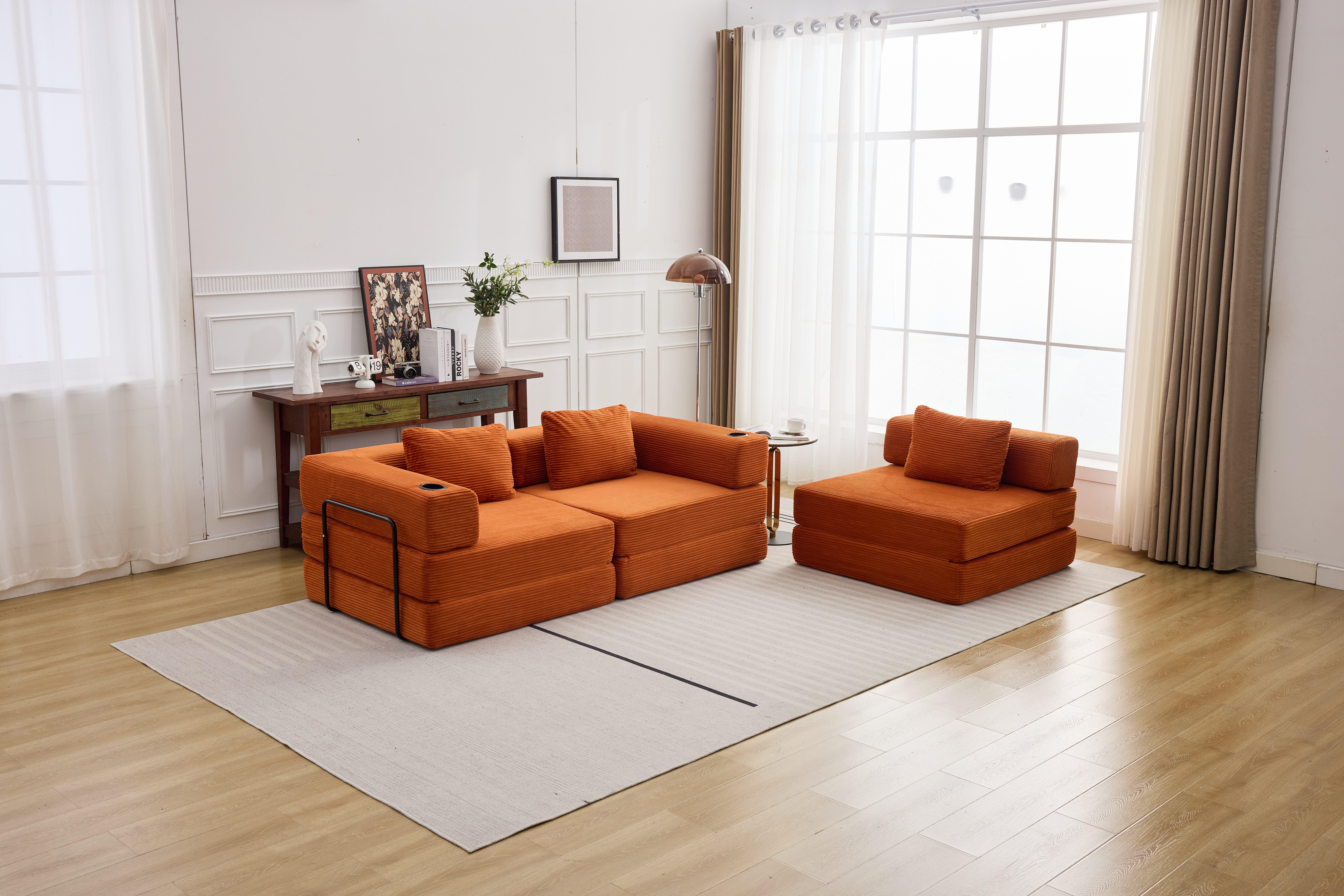 QAK 115" Modular Floor Sofa Bed with Two Cup Holders High-Quality Corduroy Fabric Free Combination Design Premium Sponge Padding Multifunctional for Small Spaces Living Room Mattress