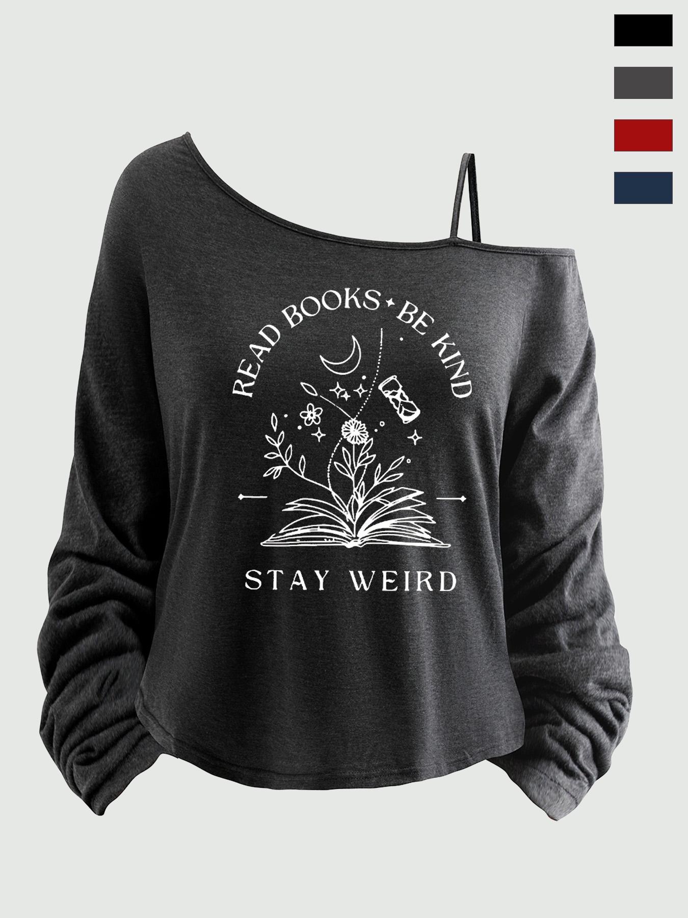 Plus Size Women's Loose-Fit Long Sleeve Cami Top, Asymmetrical Neckline, Letter Print, All Seasons, Sizes 1-8xl