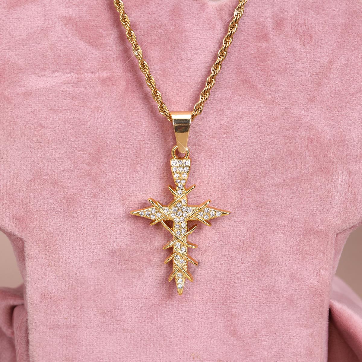 Popular hip-hop style dynamic and sparkling cross pendant necklace with twisted chain, simple alloy design