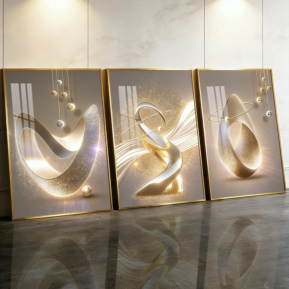 3 Counts Aluminum Alloy Framed Painting, Golden Abstract Sculpture Art Pictures, Home Decoration For Living Room, Bedroom, Office, Restaurant, Hallway Wall Decor, Odorless Print Artwork, Luxury Perfect Gift For Friends And Family