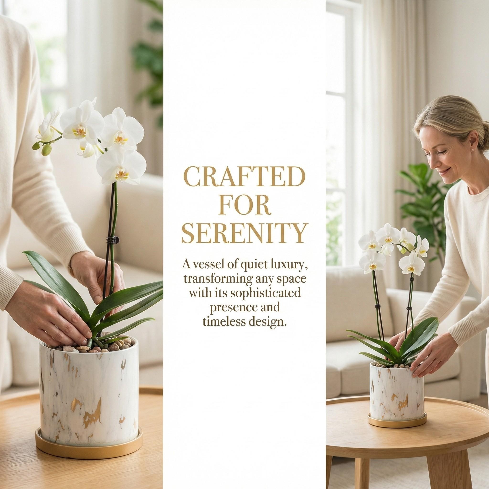 Butterfly Orchid Ceramic Small Flower Pot, Luxury High-End Marble Pattern Home Large Vase, Elegant Decorative Planter