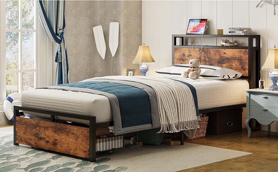 LIKIMIO Twin/Twin XL Bed Frames with Drawer, Storage Headboard with Outlets, No Box Spring Needed, Easy Assembly LIKIMIO Twin/Twin XL Bed Frames with Drawer, Storage Headboard with Outlets, No Box Spring Needed, Easy Assembly