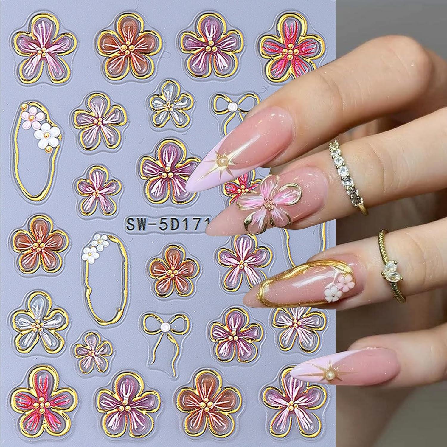 6PCS 5D Flowers Embossed Hibiscus Nail Stickers, Self Adhesive Summer Spring Flower Nail Art Decoration for Women, White Pink Hawaiian Floral Petals Nail Art Decoration