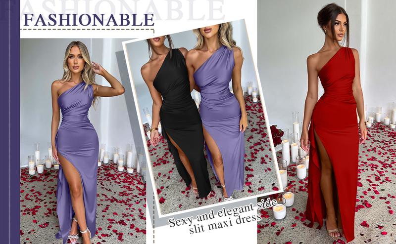 OYV Women's Sexy One Shoulder High Split Maxi Dress Black Wedding Cocktail Evening Gown