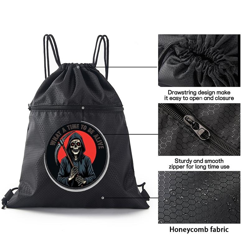 Grim Reaper Printed Drawstring Backpack Durable Gym Bag with Zipper Pocket for Outdoor Sports Travel School Use Trendy Casual Style Perfect Halloween Birthday Christmas Gift for Teen and Young Adults