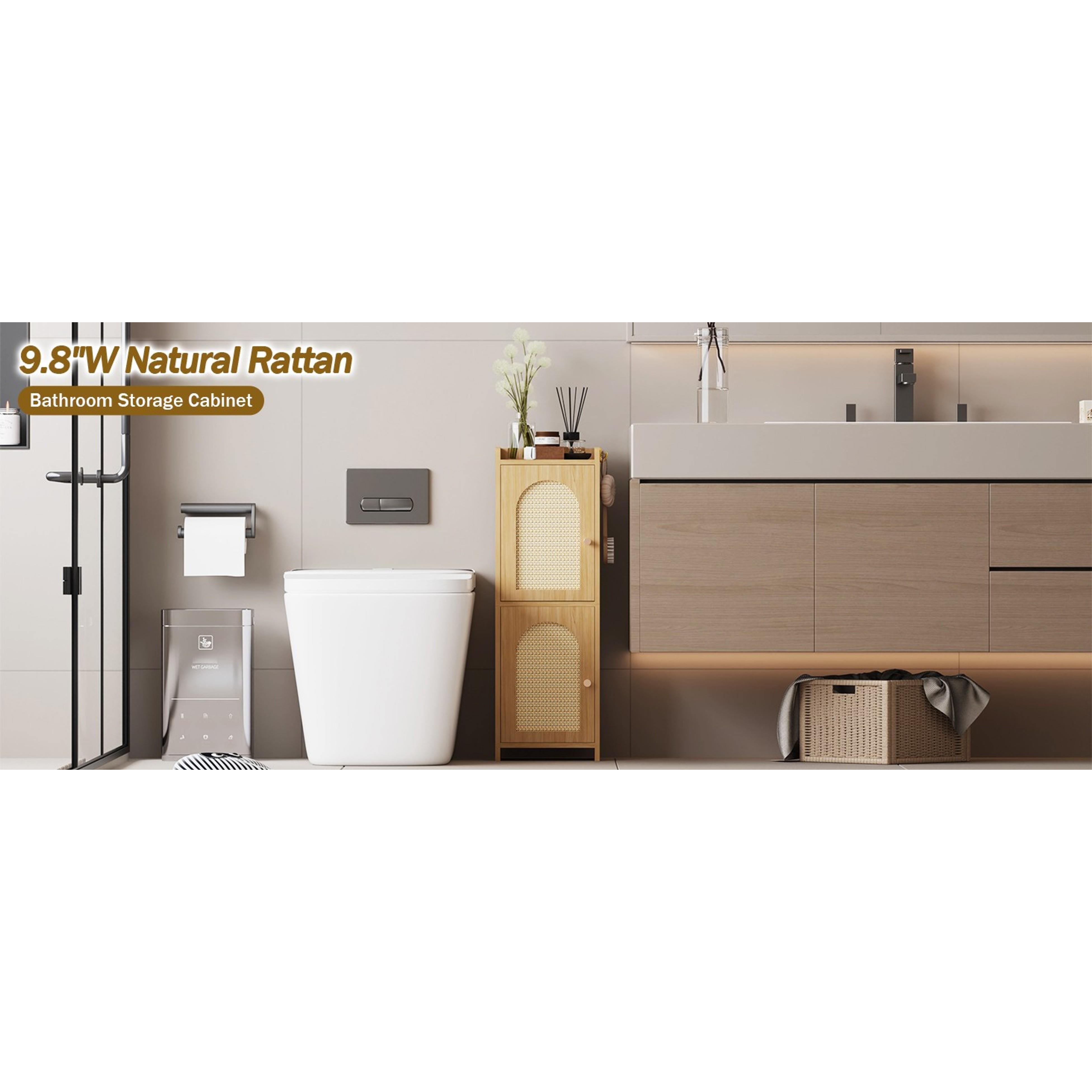 Rattan Bathroom Storage Cabinet with 2 Doors and Adjustable Shelf | Oak Corner Floor Cabinet, Narrow Toilet Paper Cabinets with 2Hooks, Toilet Organizer for Small Spaces, 7.87"D*9.84"W*29.72"H
