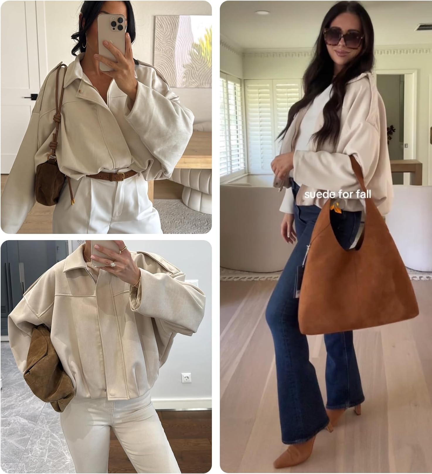 Buenoble Women's Faux Suede Bomber Jackets Cropped Fall Winter Lapel Motorcycle Coats Streetwear Outerwear with Pockets Tops Womenswear Basic Brown Casual Long Sleeve