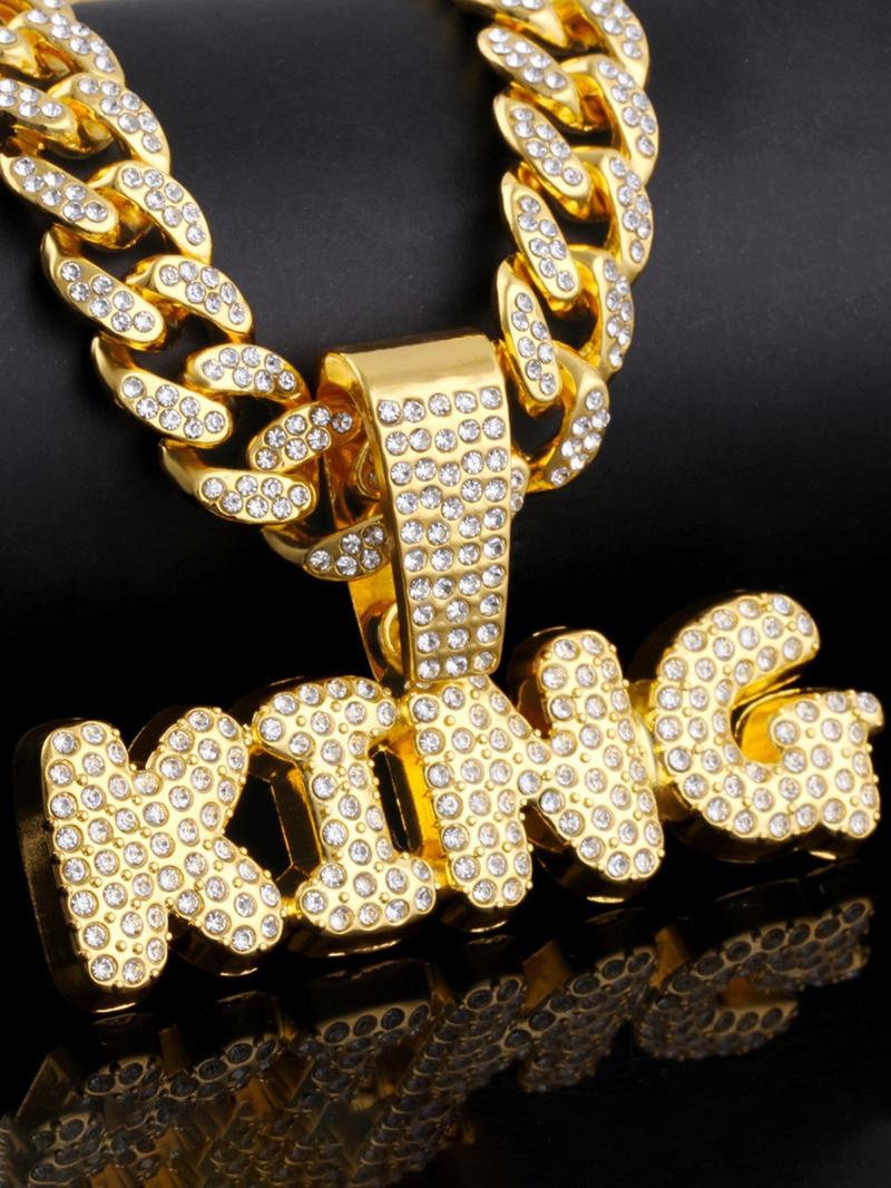 Hiphop Full Diamond King Letter Cuban Chain, Fully Encrusted Detail, Shiny, Unisex Street Style Jewelry, Cuban Link Chain