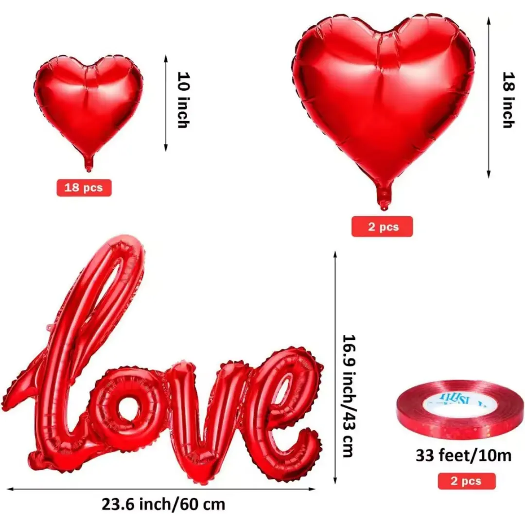 Valentine's Day Balloon Decoration Set, Heart Aluminum Foil Balloons with Love Banner and Rose Petals, Romantic Proposal Room Decor