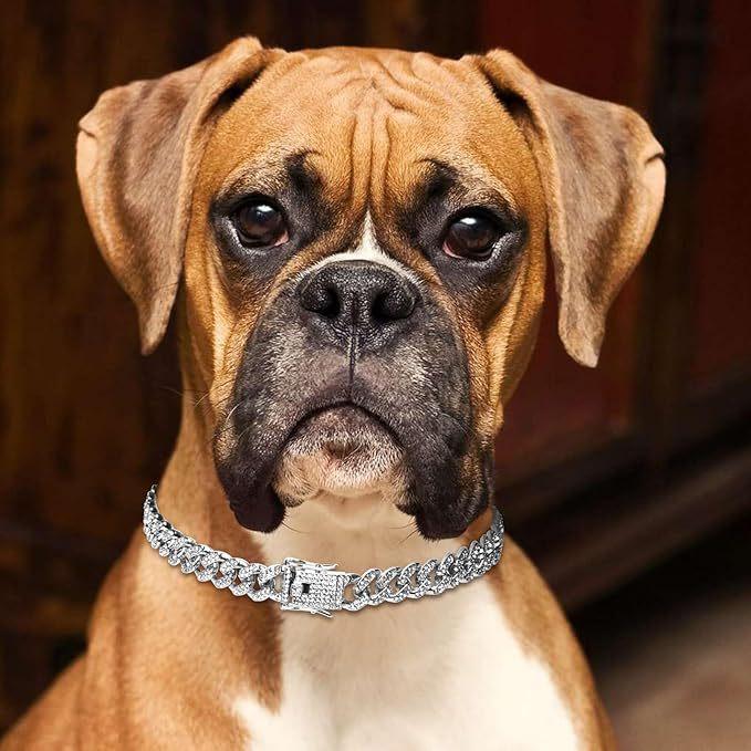 Silver Chain Collars for Large Dogs with Diamond ,Sparkly Bling Metal Cuban Link Dog Collars, Rhinestone Glitter  Necklace for Large Pet Dogs 24 inch