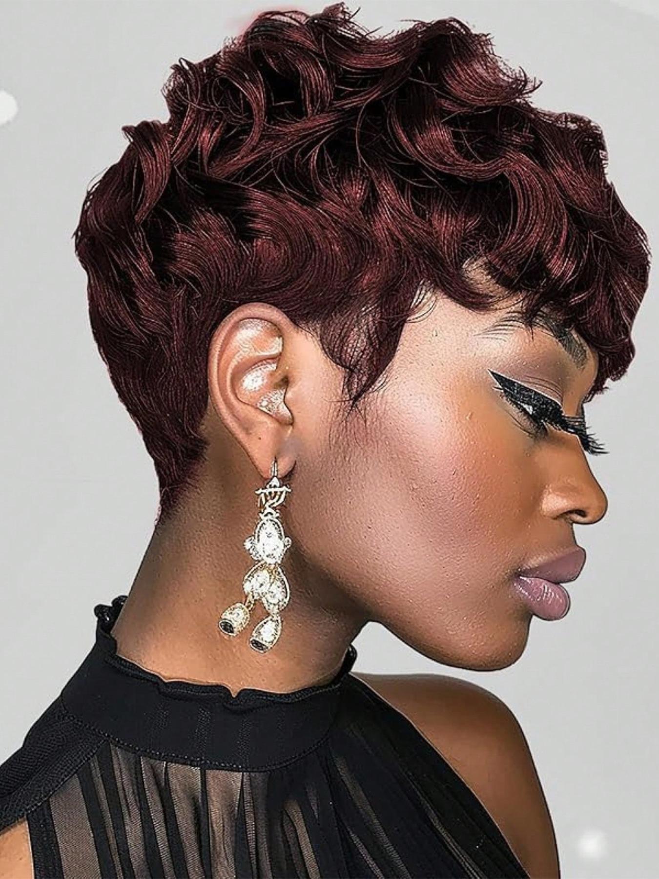 Short Pixie Wigs Short Black Curly Pixie Wigs Synthetic Hair Wigs Natural Wavy Black Burgundy grey Pixie Cut Wig Short Curly Layered Pixie Wig Stylist Friendly Wig