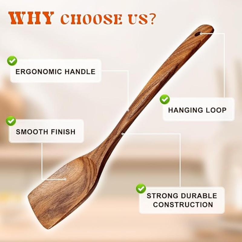 Premium Teak Cooking Utensils Set, Non-Stick Pot, Heat Resistant, Ergonomic Handle, Comfortable Grip, Suitable for Stirring