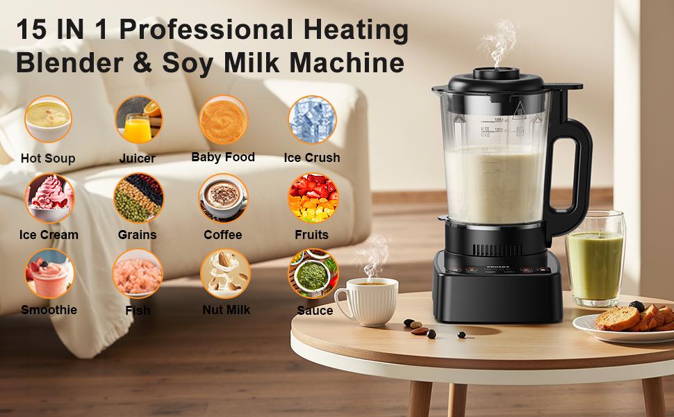 PRASKY Professional Heating 60oz-Glass Blender & Soy Milk Maker,24H Delay Cook, 600ml Stainless Steel Thermos/10-in-1 Multi-Function Smart Blender for Soups,Shakes and Smoothies & Juice, Soup Maker with Stew Pot, Kitchen Appliances SMARTLIVING