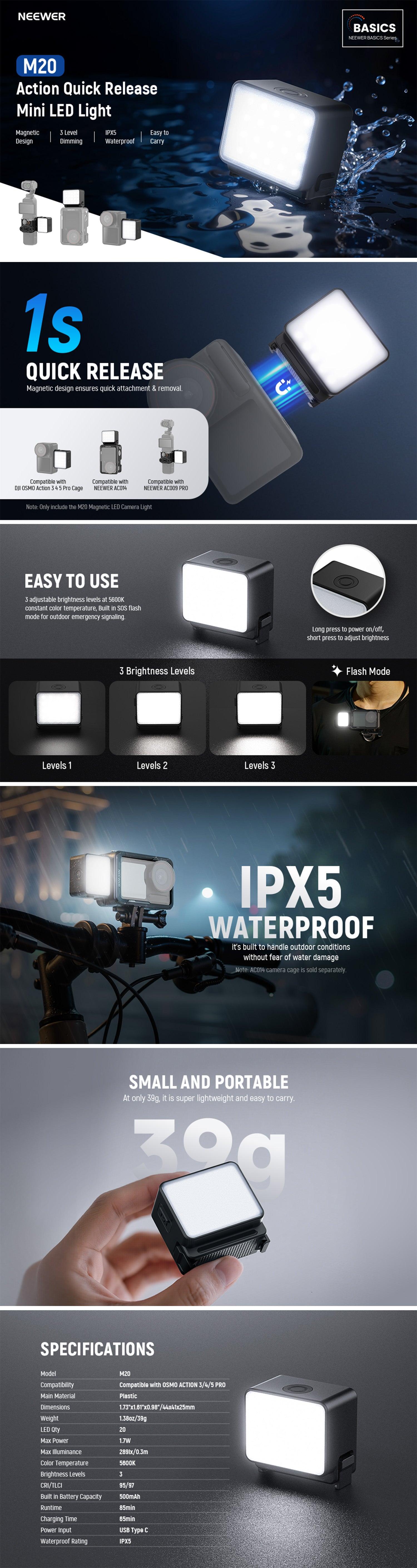 NEEWER BASICS M20 Magnetic Mini Light for DJI OSMO Action 3/4/5 PRO