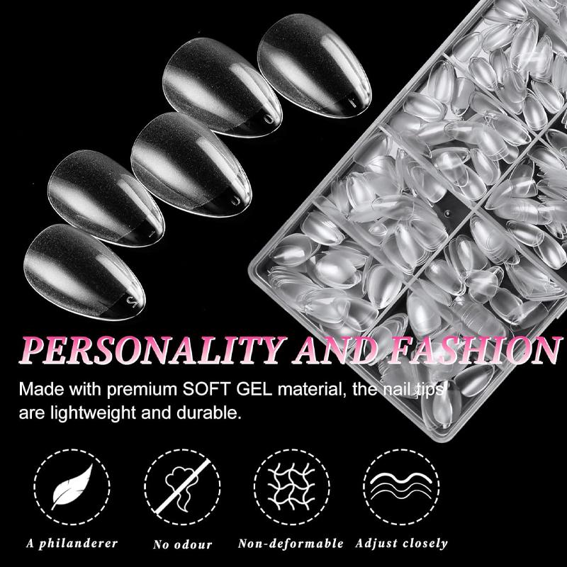 600Pcs Extra Short Almond Nail Tips, Upgraded Widened Nail Bed Half Matte No File False Full Cover Gel Nails Clear Natural Artificial Gelly Tips for Nail Extension Home DIY Salon 12 Sizes with Set for Extension Nail Manicure, Fake Nails Kit