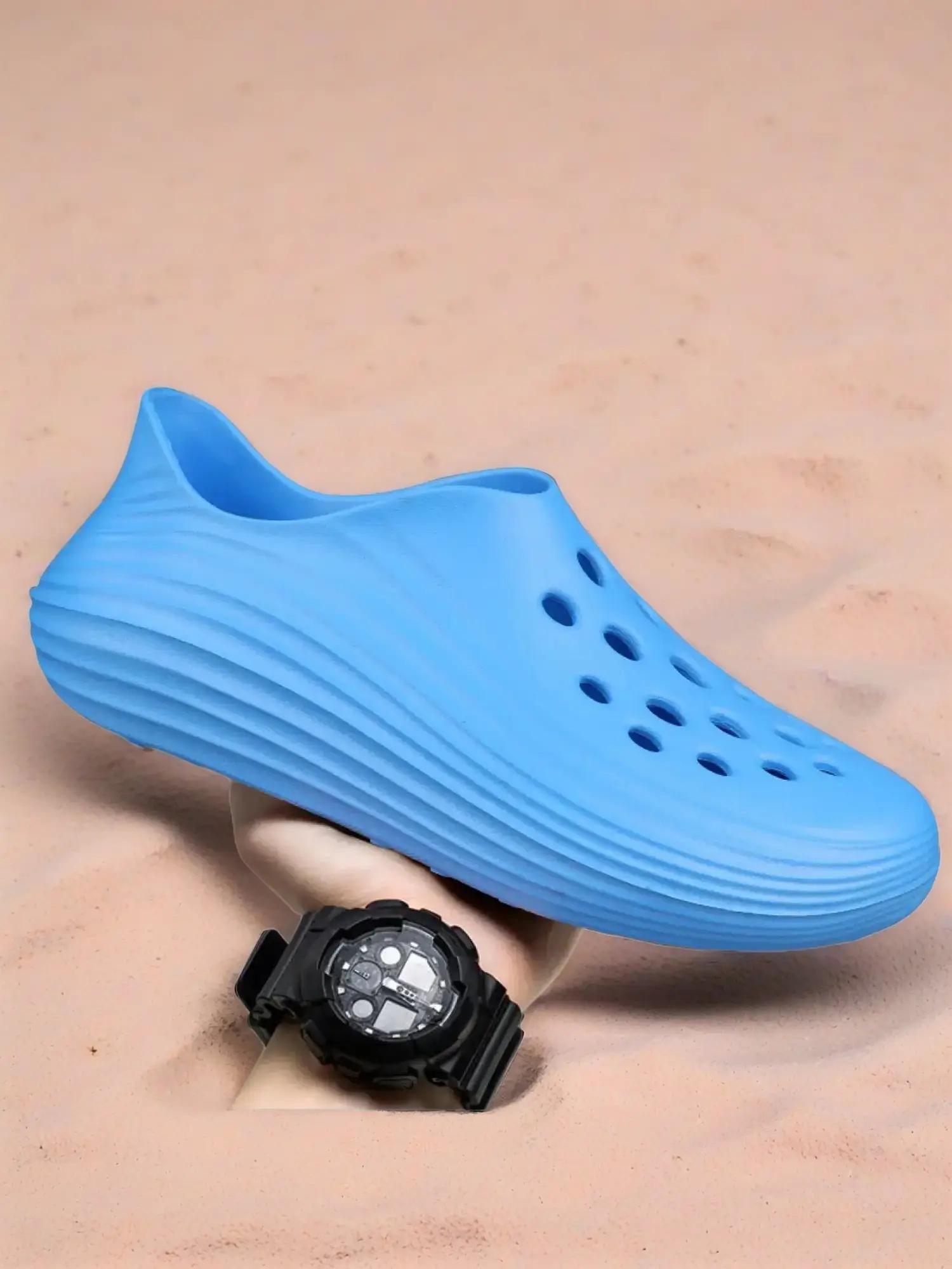 Unisex Blue Wave Thick-Soled Clogs: Breathable Hollow, Summer Outdoor Beach Slides