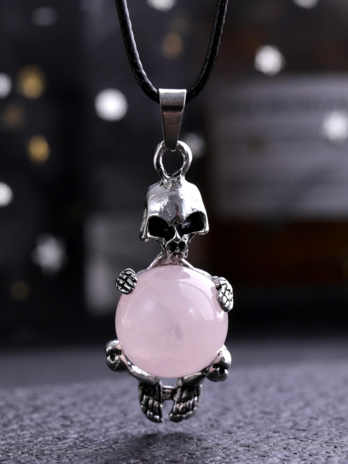 Natural Amethyst Round Bead Pendant Necklace, Bold Skull Design, Unique Fashion Accessory, Trendy European Style Jewelry