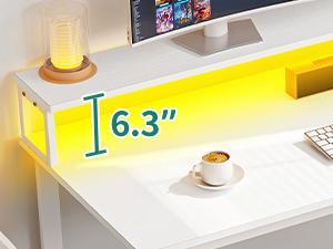 DWVO Computer Desk with Drawers, 55" Office Desk with Power Outlets & LED Light, Home Office Desk with Storage Shelves