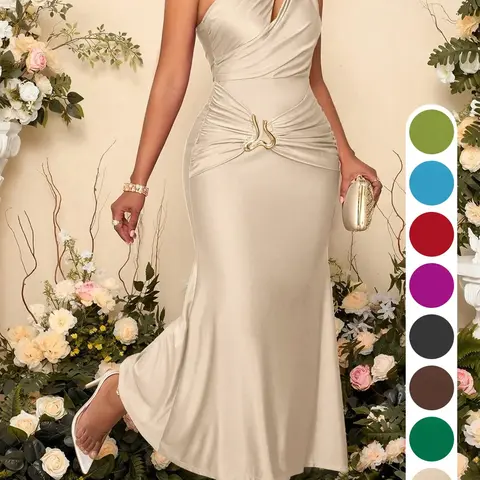 Knit Lustrous Fabric Mermaid Maxi Dress, Statement, Asymmetrical One-Shoulder Cutout Gown, Gold Metal Waist Buckle, Waist Ruched Design, Stretch Formal Evening Dress, Wedding Guest Bridesmaid Dress, Solid Color Options, Friendly for Curvy Pear Shapes