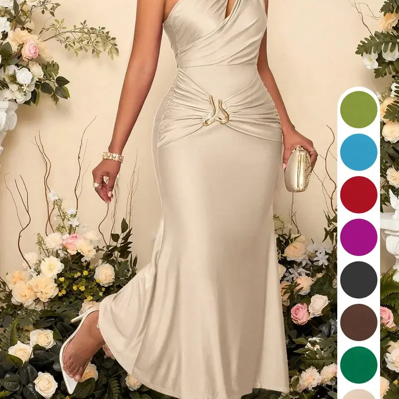 Knit Lustrous Fabric Mermaid Maxi Dress, Statement, Asymmetrical One-Shoulder Cutout Gown, Gold Metal Waist Buckle, Waist Ruched Design, Stretch Formal Evening Dress, Wedding Guest Bridesmaid Dress, Solid Color Options, Friendly for Curvy Pear Shapes