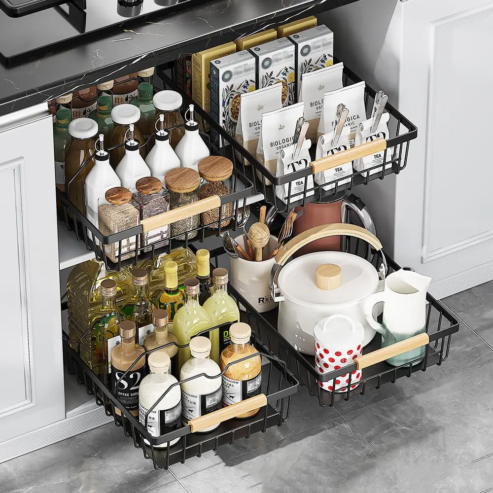 Sturdy Slide-Out Black Storage Basket - Easy Carry Pull-Out Cabinet Organizer with 2 Iron Wires - Durable Mesh Drawer Shelf for Kitchen or Pantry - No Drill Install, 28cm x 39.5cm x 9.8cm