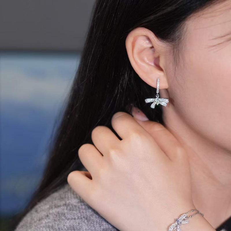 【#408 Oh-so-sweet】Charming Bow Tie Earstud,Dangling Huggie,Bracelet Synthetic Moissanite Jewelry in 925 Sterling Silver Gift for her Birthday Mother's Day