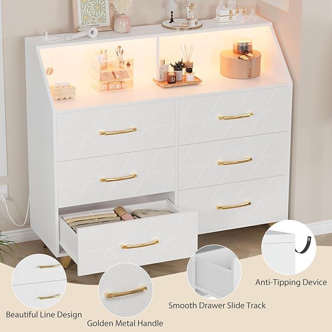 6 Drawer Dresser with LED Lights & Charging Station, Wooden Black Dresser for Bedroom, Modern TV Stand Dressers & Chests Of Drawers for Closet, Hallway, Entryway