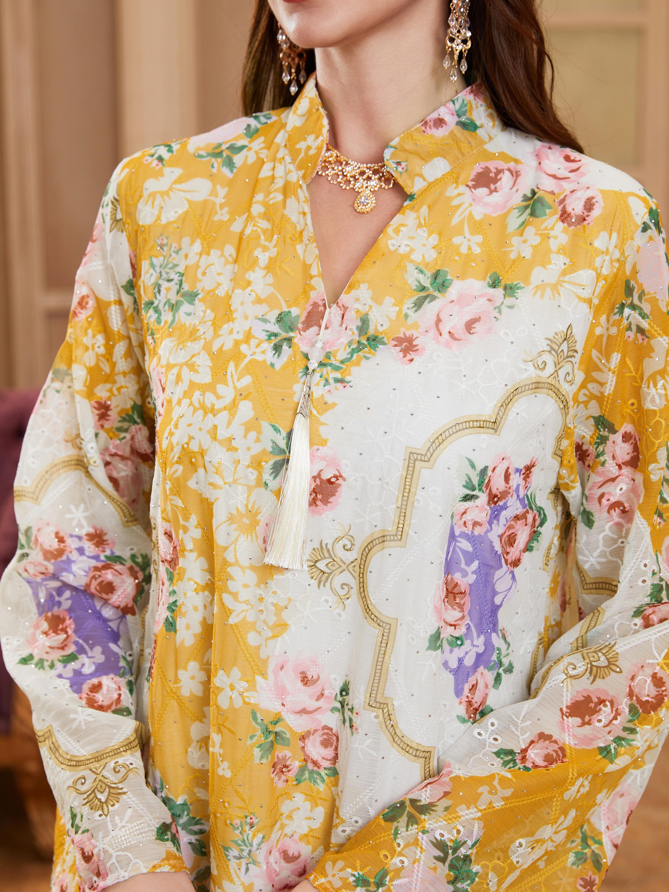 Middle Eastern Muslim Breathable Floral Long Sleeve Dress, Stand Collar Fringe Pendant, Sparkling Rhinestone Robe with Lining, Modest Style Islamic Clothing, Muslim Dresses, Modesty Muslim Clothing