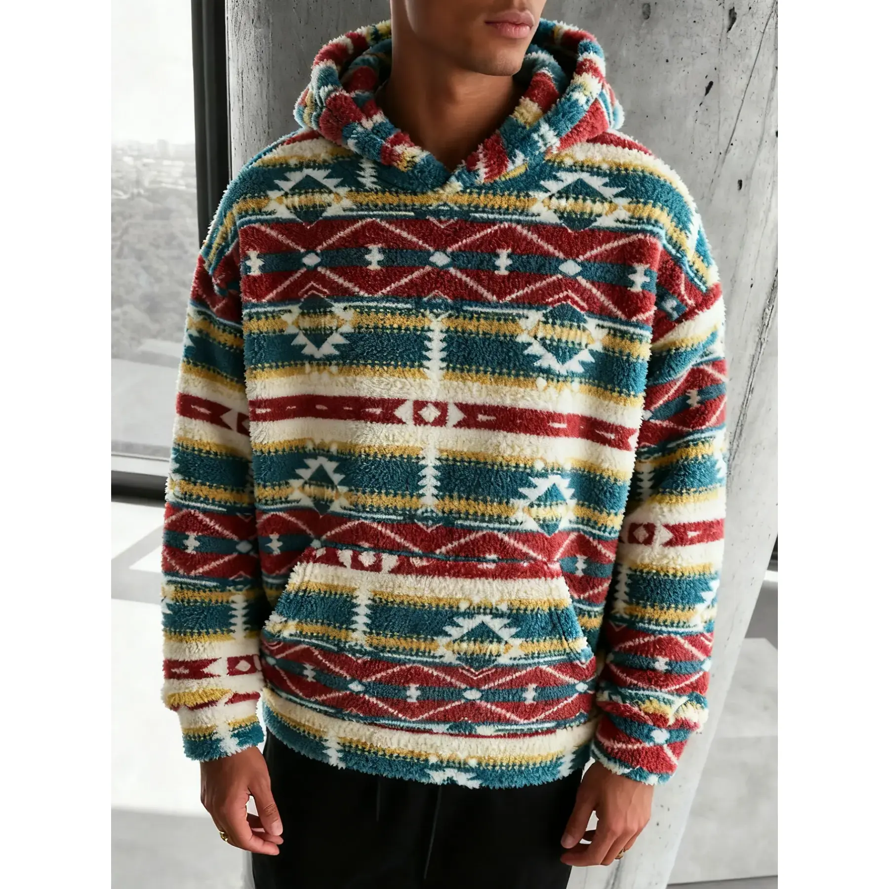 Refresh your mensfashion wardrobe with this fuzzy fleece hoodie featuring classic tribal geometric all‑over print, equipped with a practical kangaroo pocket and relaxed silhouette for daily casual styling and trendy layered outfits.