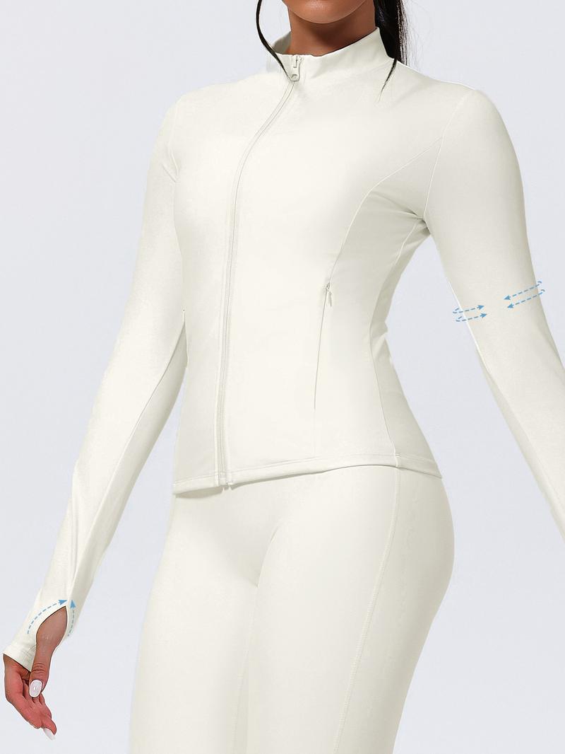 Women's Stand Collar Zipper Yoga Jacket, Windproof Slim Fit Long Sleeve Running Outerwear, Pockets Design, Polyester Spandex Fabric Only Jacket,jackets for women, Sports Yoga Jacket