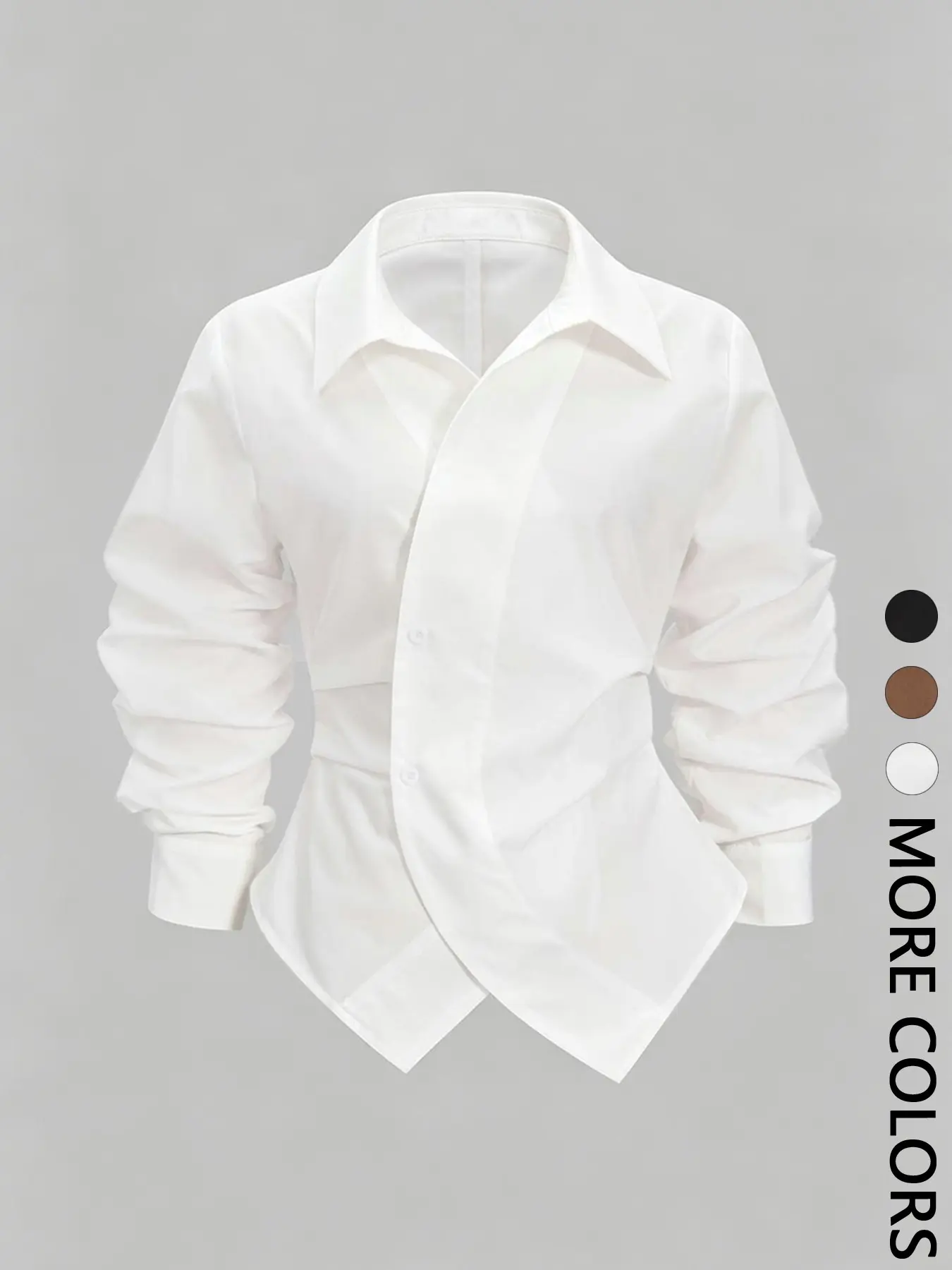 Women Asymmetric Wrap Button Down Shirt, Collared Long Sleeve Ruched Sleeve Blouse, Slim Fit Waist‑Tucked Hem Wrap Front Top, Trendy Curved Hem Dressy Shirt for Ladies, Fashion Office‑Ready Blouse