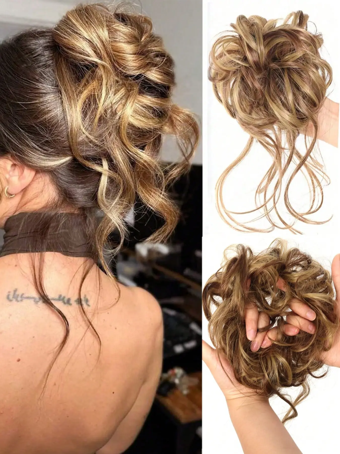 Women'S Messy Bun Hair Extensions, Synthetic High Temperature Fiber, Elastic Bands, Fashionable Synthetic Hairpieces for Everyday Use, Soft and Skin-Friendly, Perfect for Stylish Hair Buns, Loose Curly Synthetic Hair