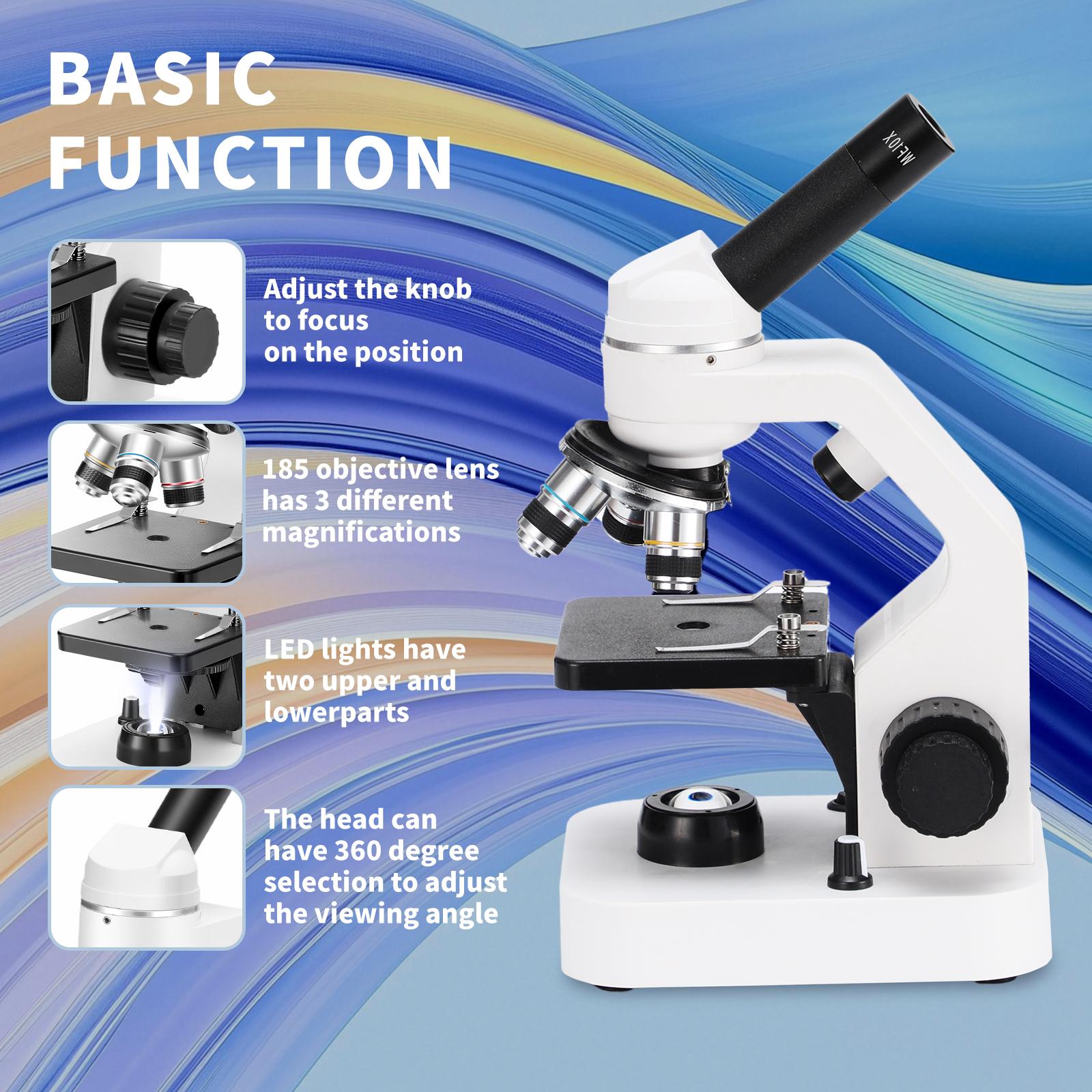 Professional composite microscope suitable for adults, children aged 8-12, and students | 2000x magnification laboratory and home microscope, with phone adapter, complete set of slides (black and white)
