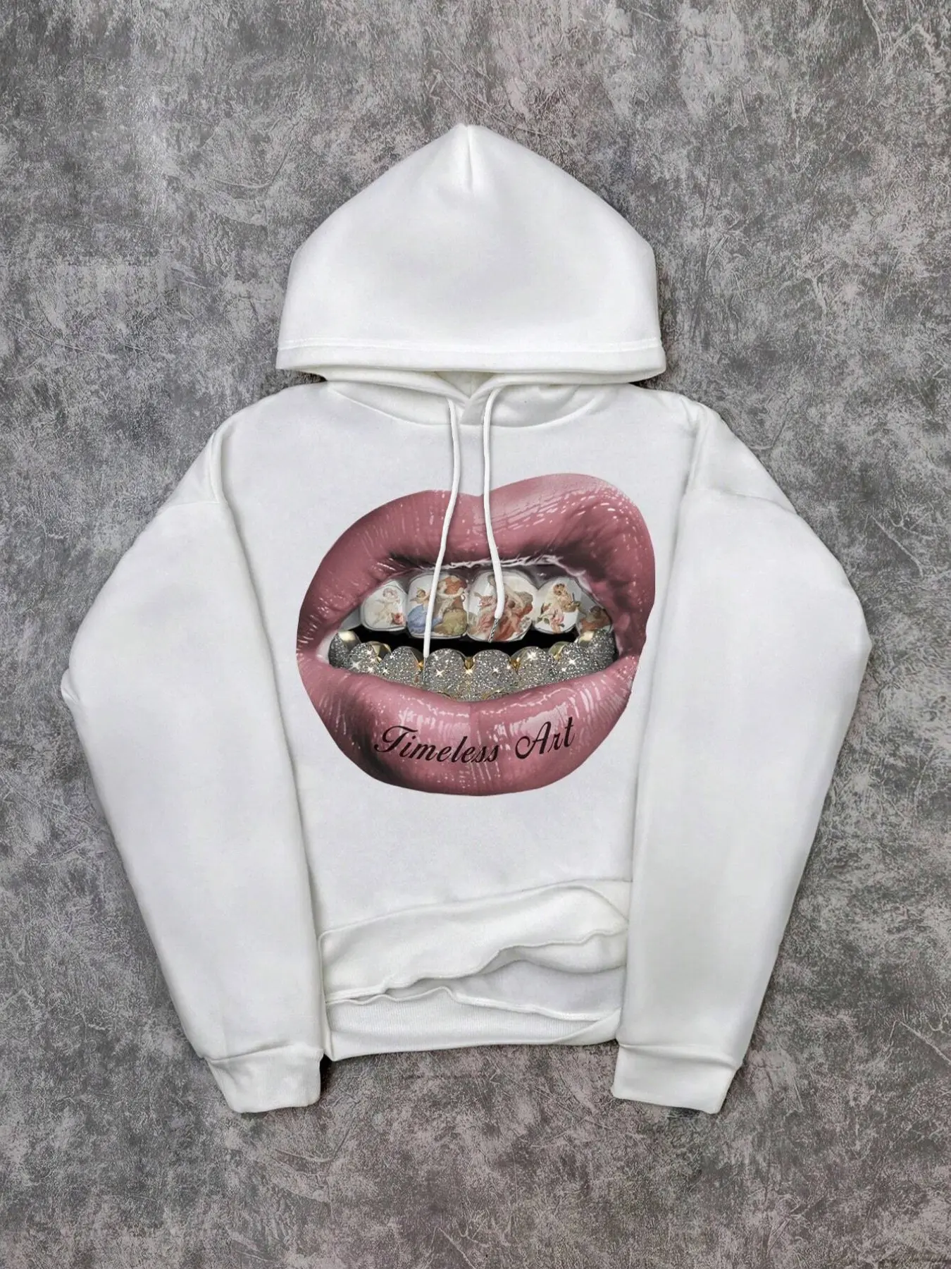 Y2K Streetwear Oversized White Hoodie for Men & Women | Timeless Art Lips & Iced Out Grillz Graphic Print | Cozy Pullover Sweatshirt for Casual Everyday Wear