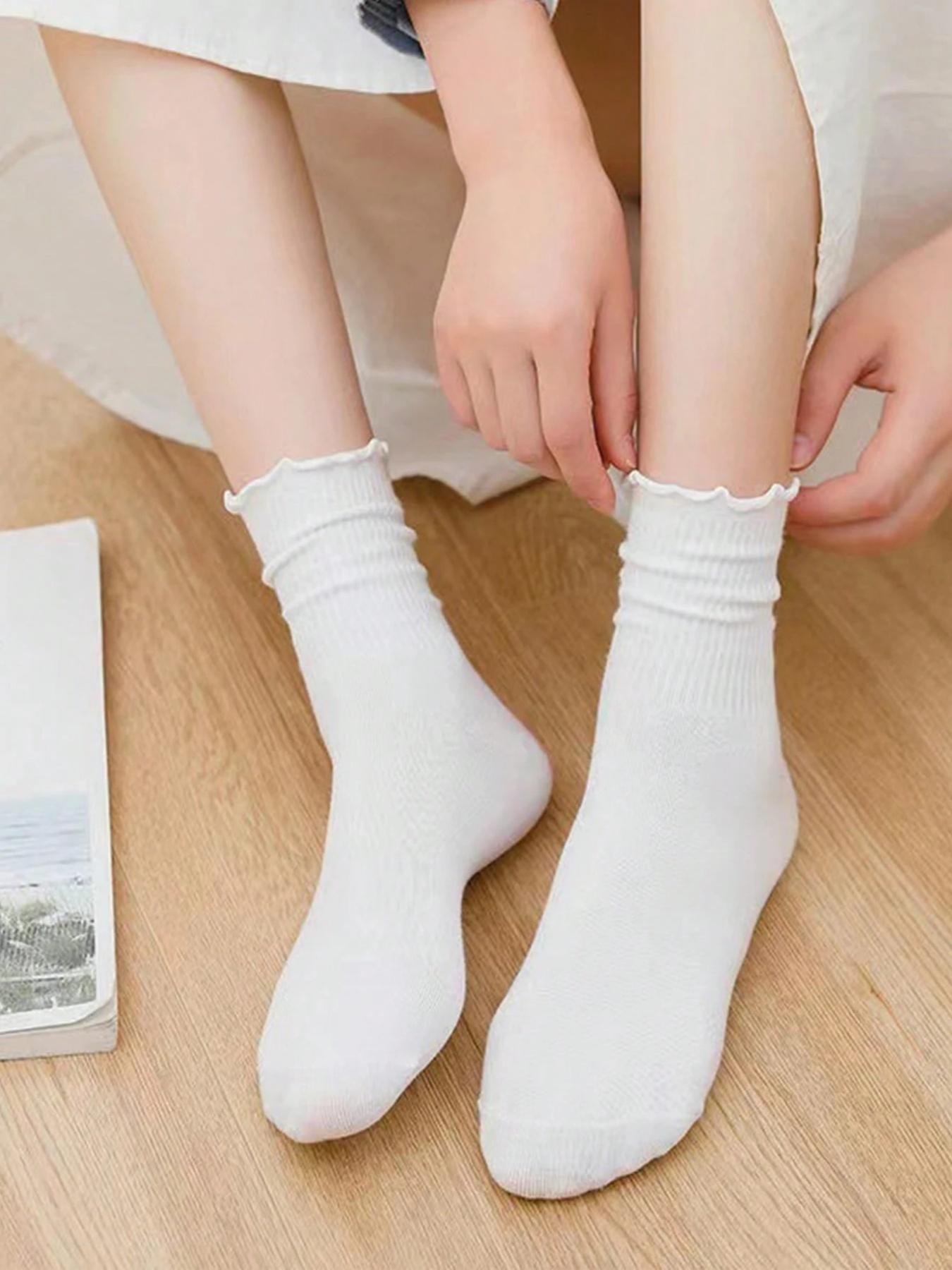 10 Pairs Women's White Frill Trimmed Casual Mid-Calf Socks, Women's Casual Crew Socks, Comfort Breathable Sports Socks, Basketball Socks, White Socks, Couples' Socks, Womenswear, Moisture Wicking, Anti Bacterial, Anti Stink, Suitab