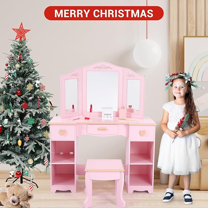 Princess Vanity Set for Kids - White Makeup Table with Mirror, Stool, and Wooden Play Makeup Accessories